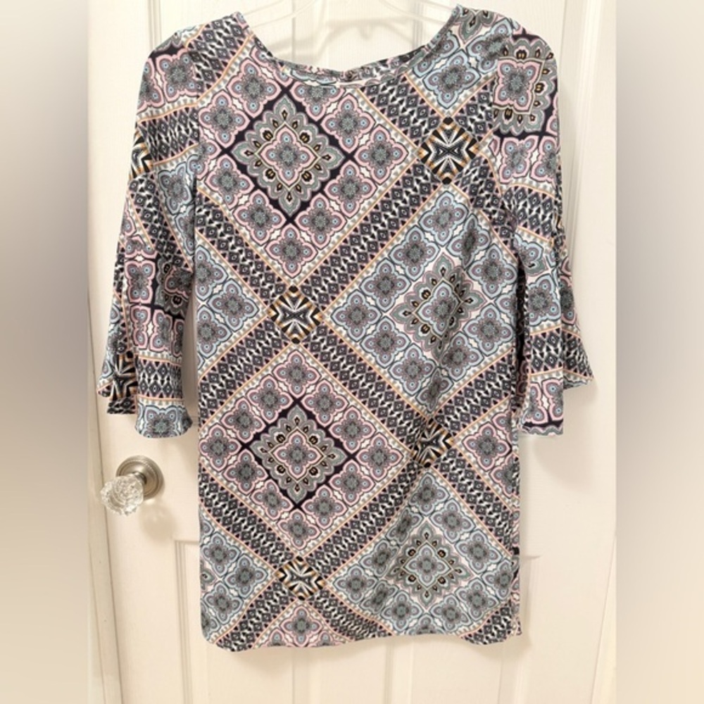 TCEC Pink Geometric Boho Mini Dress Flare Sleeve Sz S AS